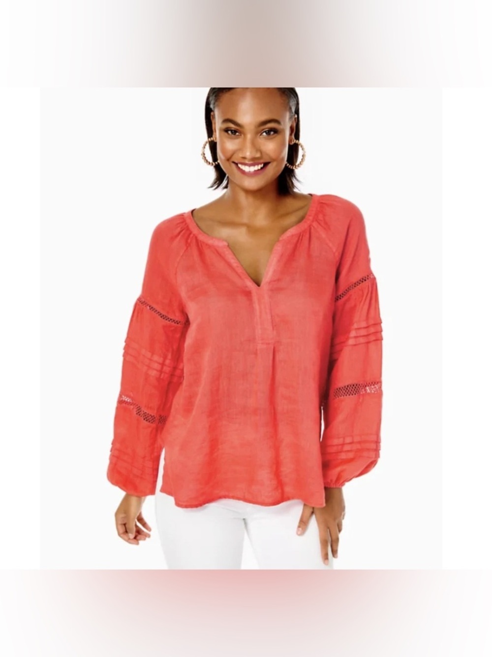 Lilly Pulitzer 100% linen Coral Peasant Split-Neck Tunic